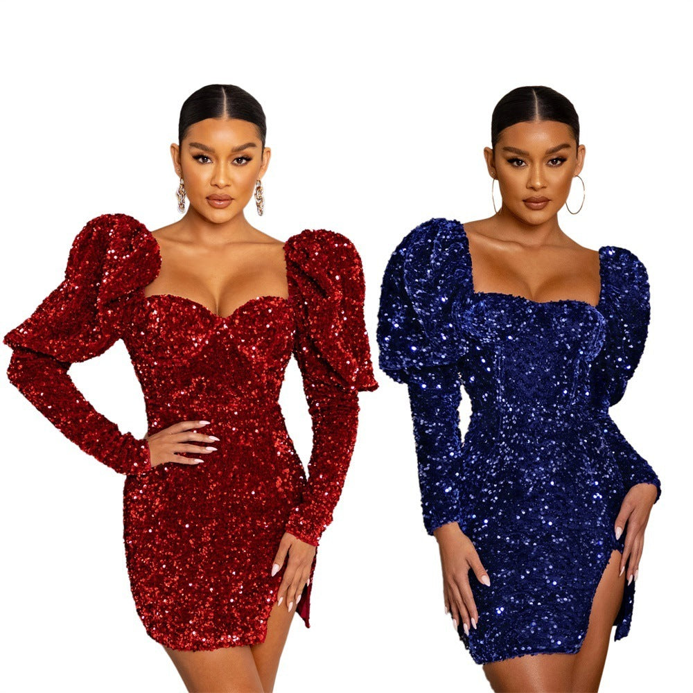 Sequin Backless Padded Shoulder Bubble Sleeve Party Dresses For Women