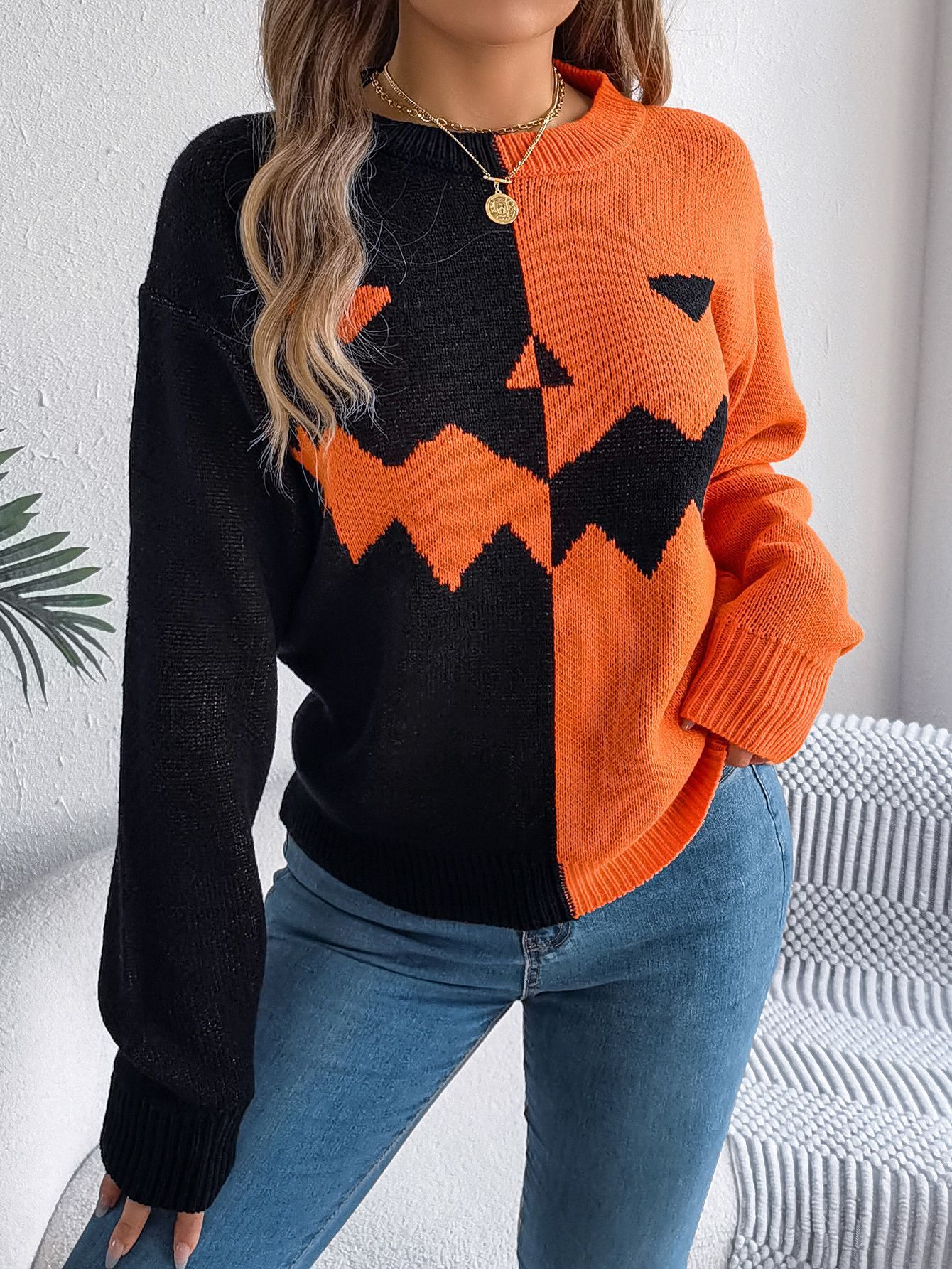 Halloween Contrast-color Pullover Sweater