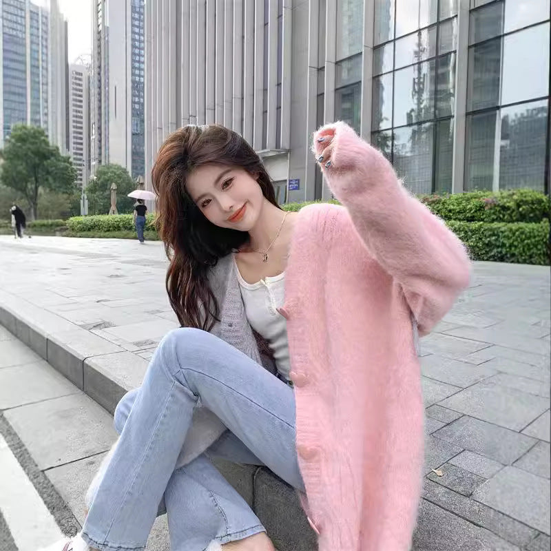 Contrast Color Weave Soft Glutinous Knitted Cardigan