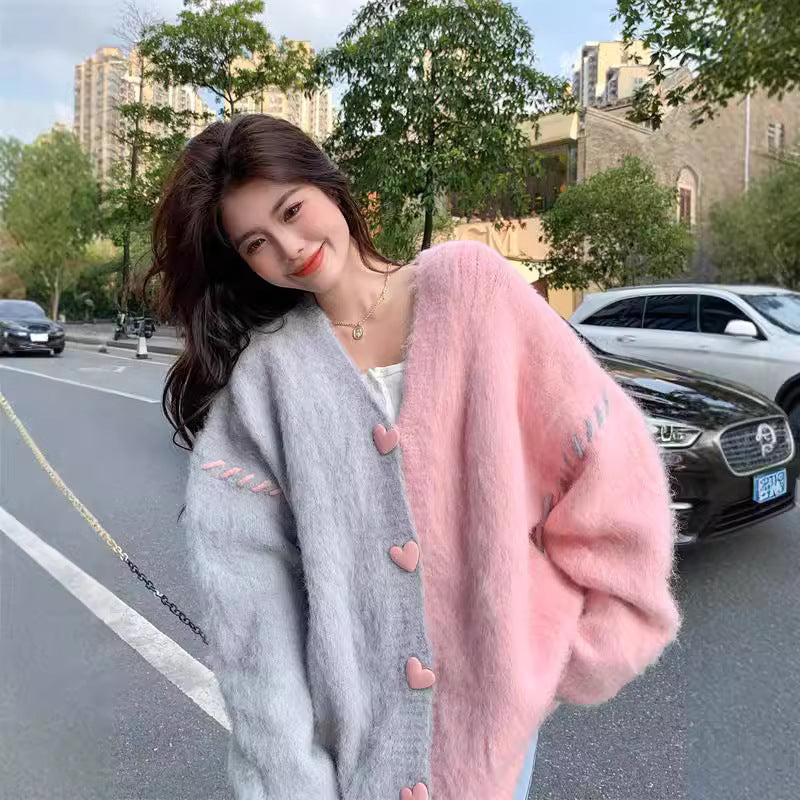 Contrast Color Weave Soft Glutinous Knitted Cardigan