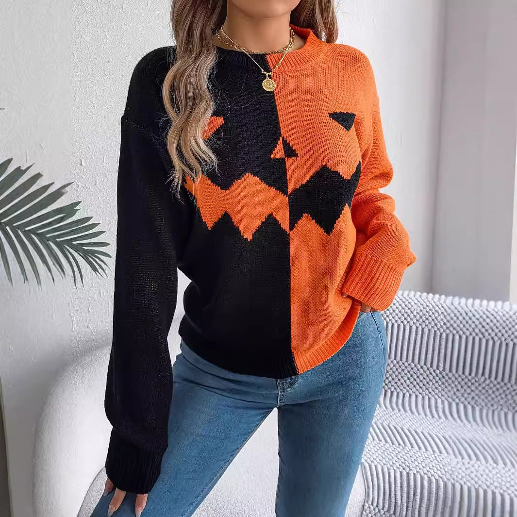 Halloween Contrast-color Pullover Sweater